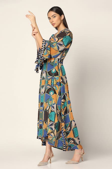 Two Sisters By Gyans Blue Crepe Embroidery V-neck Geometric Print Wrap Up Dress Online at Aza Fashions Two Sisters By Gyans_Blue Crepe Embroidery V-neck Geometric Print Wrap Up Dress _Online_at_Aza_Fashions