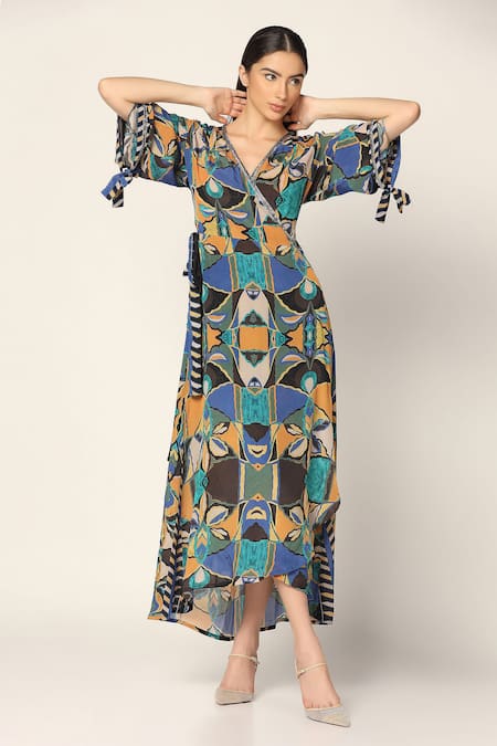 Buy Two Sisters By Gyans Blue Crepe Embroidery V-neck Geometric Print Wrap Up Dress Online at Aza Fashions Buy_Two Sisters By Gyans_Blue Crepe Embroidery V-neck Geometric Print Wrap Up Dress _Online_at_Aza_Fashions