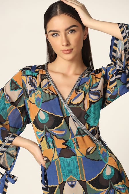 Two Sisters By Gyans Blue Crepe Embroidery V-neck Geometric Print Wrap Up Dress at Aza Fashions Two Sisters By Gyans_Blue Crepe Embroidery V-neck Geometric Print Wrap Up Dress _at_Aza_Fashions