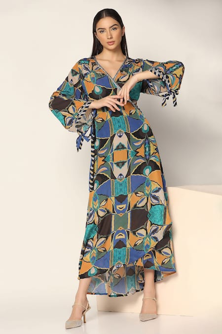 Shop Two Sisters By Gyans Blue Crepe Embroidery V-neck Geometric Print Wrap Up Dress Online at Aza Fashions Shop_Two Sisters By Gyans_Blue Crepe Embroidery V-neck Geometric Print Wrap Up Dress _Online_at_Aza_Fashions
