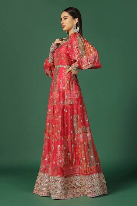 Two Sisters By Gyans Pink Chiffon Embroidery V-neck Gota Border Anarkali Online at Aza Fashions Two Sisters By Gyans_Pink Chiffon Embroidery V-neck Gota Border Anarkali _Online_at_Aza_Fashions