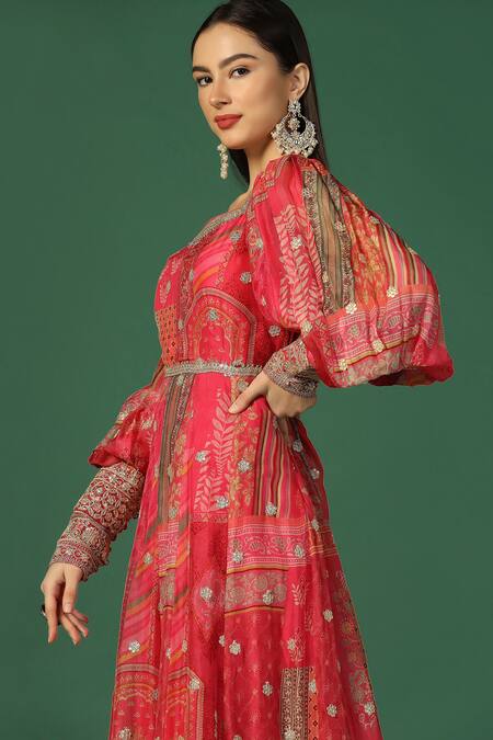 Buy Two Sisters By Gyans Pink Chiffon Embroidery V-neck Gota Border Anarkali Online at Aza Fashions Buy_Two Sisters By Gyans_Pink Chiffon Embroidery V-neck Gota Border Anarkali _Online_at_Aza_Fashions