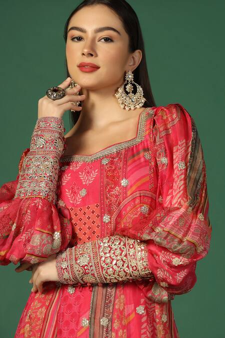 Shop Two Sisters By Gyans Pink Chiffon Embroidery V-neck Gota Border Anarkali Online at Aza Fashions Shop_Two Sisters By Gyans_Pink Chiffon Embroidery V-neck Gota Border Anarkali _Online_at_Aza_Fashions