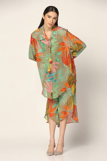 Buy Two Sisters By Gyans Green Georgette Tassels Collared Tropical Print Shirt And Pant Set Online at Aza Fashions Buy_Two Sisters By Gyans_Green Georgette Tassels Collared Tropical Print Shirt And Pant Set _Online_at_Aza_Fashions