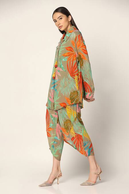 Shop Two Sisters By Gyans Green Georgette Tassels Collared Tropical Print Shirt And Pant Set Online at Aza Fashions Shop_Two Sisters By Gyans_Green Georgette Tassels Collared Tropical Print Shirt And Pant Set _Online_at_Aza_Fashions