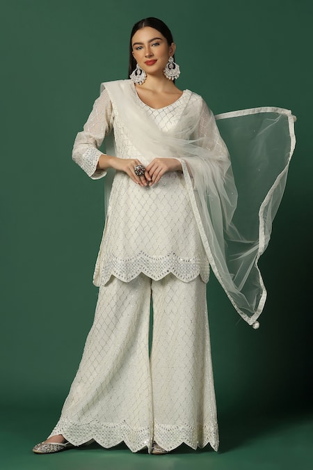 Two Sisters By Gyans White Georgette, Net Sequins, Gota Geometric Embroidered Kurta Sharara Set Online at Aza Fashions Two Sisters By Gyans_White Georgette, Net Sequins, Gota Geometric Embroidered Kurta Sharara Set _Online_at_Aza_Fashions