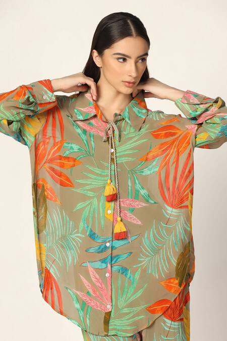 Two Sisters By Gyans Green Georgette Tassels Collared Tropical Print Shirt And Pant Set at Aza Fashions Two Sisters By Gyans_Green Georgette Tassels Collared Tropical Print Shirt And Pant Set _at_Aza_Fashions