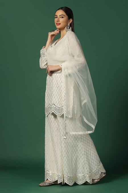 Buy Two Sisters By Gyans White Georgette, Net Sequins, Gota Geometric Embroidered Kurta Sharara Set Online at Aza Fashions Buy_Two Sisters By Gyans_White Georgette, Net Sequins, Gota Geometric Embroidered Kurta Sharara Set _Online_at_Aza_Fashions