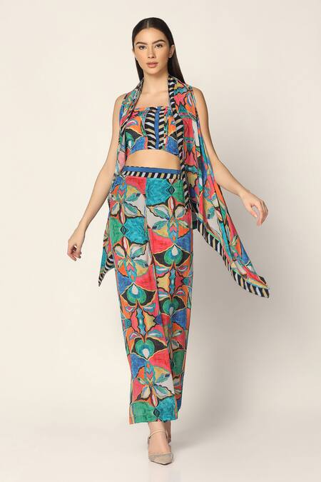 Two Sisters By Gyans Blue Crepe Open , Square Flower Print Jacket And Pant Set Online at Aza Fashions Two Sisters By Gyans_Blue Crepe Open , Square Flower Print Jacket And Pant Set _Online_at_Aza_Fashions