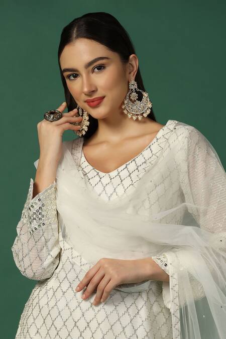 Shop Two Sisters By Gyans White Georgette, Net Sequins, Gota Geometric Embroidered Kurta Sharara Set Online at Aza Fashions Shop_Two Sisters By Gyans_White Georgette, Net Sequins, Gota Geometric Embroidered Kurta Sharara Set _Online_at_Aza_Fashions