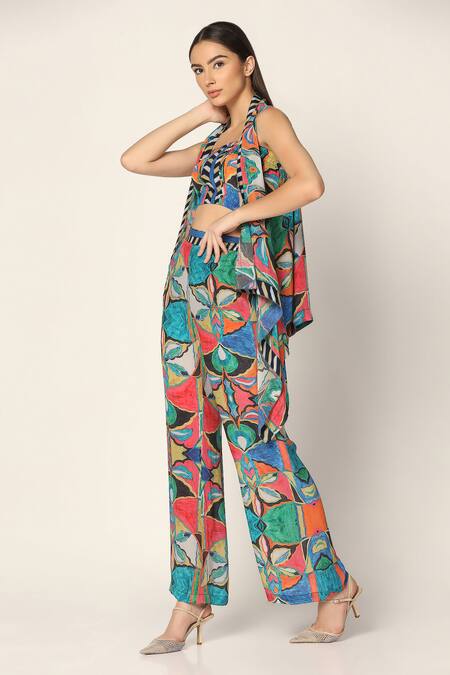 Buy Two Sisters By Gyans Blue Crepe Open , Square Flower Print Jacket And Pant Set Online at Aza Fashions Buy_Two Sisters By Gyans_Blue Crepe Open , Square Flower Print Jacket And Pant Set _Online_at_Aza_Fashions