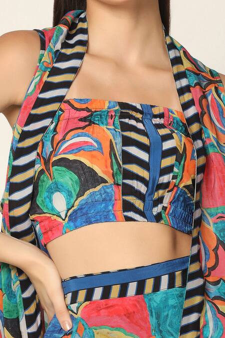 Two Sisters By Gyans Blue Crepe Open , Square Flower Print Jacket And Pant Set at Aza Fashions Two Sisters By Gyans_Blue Crepe Open , Square Flower Print Jacket And Pant Set _at_Aza_Fashions