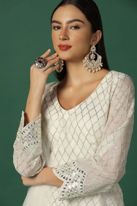 Buy Two Sisters By Gyans White Georgette, Net Sequins, Gota Geometric Embroidered Kurta Sharara Set Buy_Two Sisters By Gyans_White Georgette, Net Sequins, Gota Geometric Embroidered Kurta Sharara Set