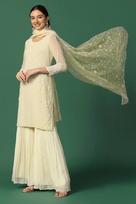 Two Sisters By Gyans Cream Georgette, Organza Embroidery, Sequins Round Cut-dana Kurta Sharara Set at Aza Fashions Two Sisters By Gyans_Cream Georgette, Organza Embroidery, Sequins Round Cut-dana Kurta Sharara Set _at_Aza_Fashions