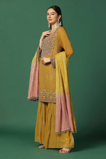 Buy Two Sisters By Gyans Yellow Georgette Sequins, Embroidery Round Neck And Resham Kurta Sharara Set Online at Aza Fashions Buy_Two Sisters By Gyans_Yellow Georgette Sequins, Embroidery Round Neck And Resham Kurta Sharara Set _Online_at_Aza_Fashions