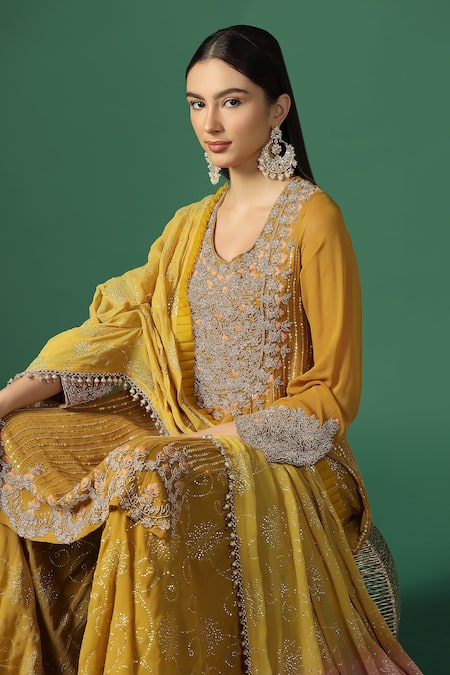 Shop Two Sisters By Gyans Yellow Georgette Sequins, Embroidery Round Neck And Resham Kurta Sharara Set Online at Aza Fashions Shop_Two Sisters By Gyans_Yellow Georgette Sequins, Embroidery Round Neck And Resham Kurta Sharara Set _Online_at_Aza_Fashions