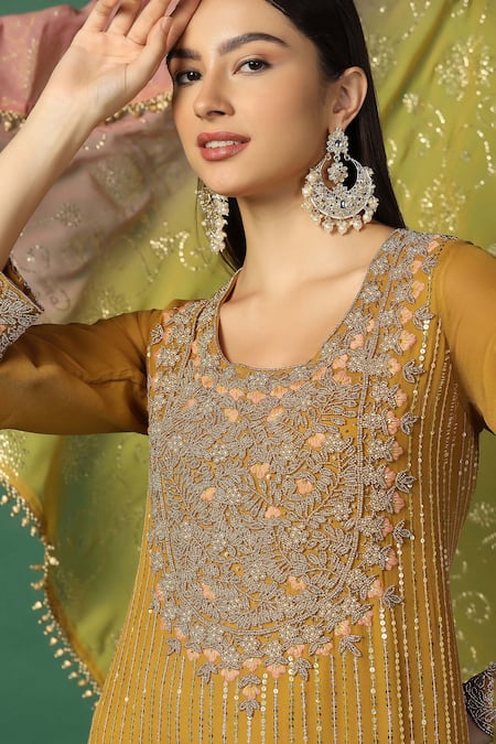 Two Sisters By Gyans Yellow Georgette Sequins, Embroidery Round Neck And Resham Kurta Sharara Set at Aza Fashions Two Sisters By Gyans_Yellow Georgette Sequins, Embroidery Round Neck And Resham Kurta Sharara Set _at_Aza_Fashions