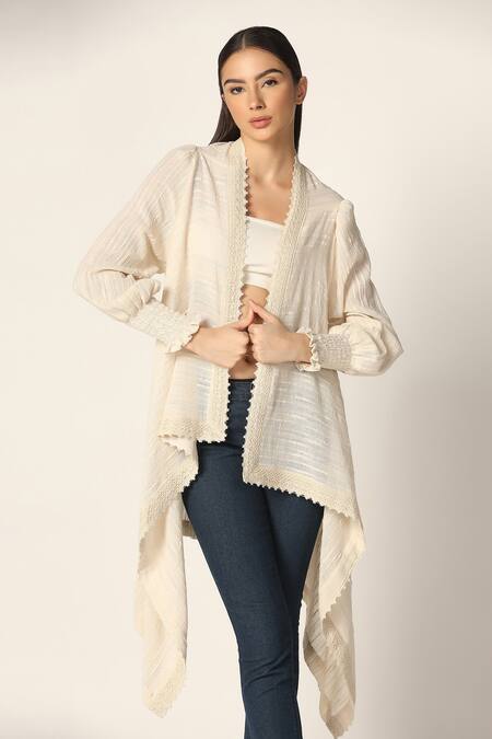 Buy Two Sisters By Gyans Off White Cotton Lace Open Neck Stripe Embroidered Shrug Online at Aza Fashions Buy_Two Sisters By Gyans_Off White Cotton Lace Open Neck Stripe Embroidered Shrug_Online_at_Aza_Fashions