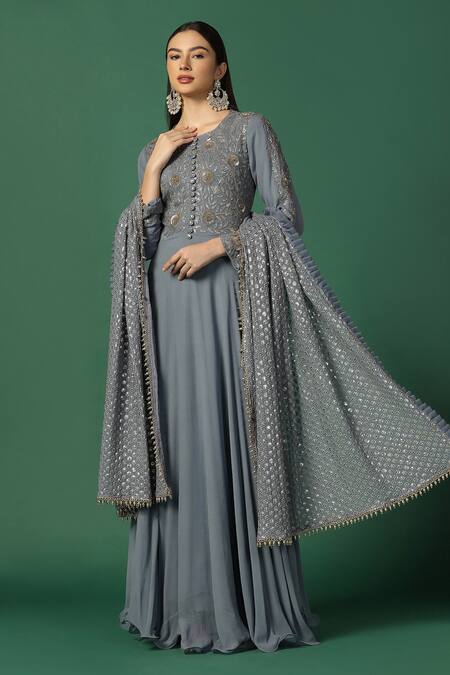 Two Sisters By Gyans_Grey Georgette Embroidery, Sequins Round Floral Bodice Anarkali With Dupatta _Online_at_Aza_Fashions