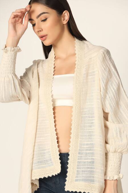 Shop Two Sisters By Gyans Off White Cotton Lace Open Neck Stripe Embroidered Shrug Online at Aza Fashions Shop_Two Sisters By Gyans_Off White Cotton Lace Open Neck Stripe Embroidered Shrug_Online_at_Aza_Fashions