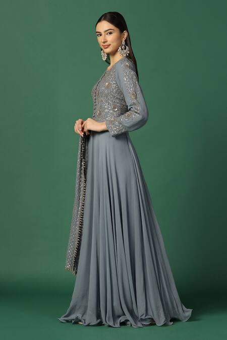 Buy_Two Sisters By Gyans_Grey Georgette Embroidery, Sequins Round Floral Bodice Anarkali With Dupatta _Online_at_Aza_Fashions