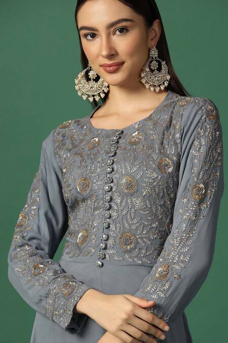 Shop_Two Sisters By Gyans_Grey Georgette Embroidery, Sequins Round Floral Bodice Anarkali With Dupatta _Online_at_Aza_Fashions