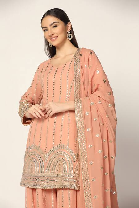 Two Sisters By Gyans Pink Georgette Sequins, Zari Mandarin Collar Embroidered Kurta Sharara Set Online at Aza Fashions Two Sisters By Gyans_Pink Georgette Sequins, Zari Mandarin Collar Embroidered Kurta Sharara Set _Online_at_Aza_Fashions