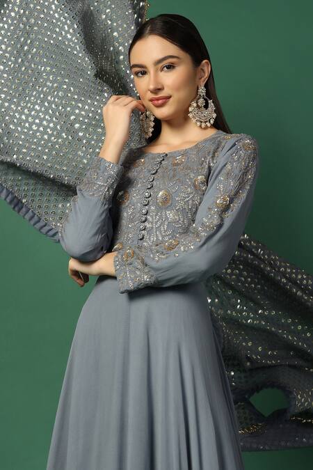 Two Sisters By Gyans_Grey Georgette Embroidery, Sequins Round Floral Bodice Anarkali With Dupatta _at_Aza_Fashions