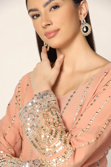 Shop Two Sisters By Gyans Pink Georgette Sequins, Zari Mandarin Collar Embroidered Kurta Sharara Set Online at Aza Fashions Shop_Two Sisters By Gyans_Pink Georgette Sequins, Zari Mandarin Collar Embroidered Kurta Sharara Set _Online_at_Aza_Fashions