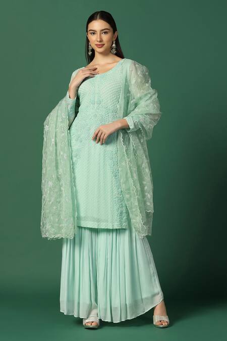 Two Sisters By Gyans Green Georgette, Organza Embroidery, Sequins Round Resham Kurta Sharara Set Online at Aza Fashions Two Sisters By Gyans_Green Georgette, Organza Embroidery, Sequins Round Resham Kurta Sharara Set _Online_at_Aza_Fashions
