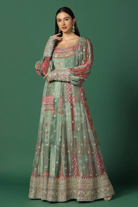 Two Sisters By Gyans_Green Chiffon Embroidery V-neck Anarkali _Online_at_Aza_Fashions