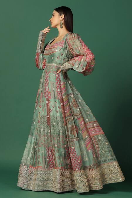 Buy_Two Sisters By Gyans_Green Chiffon Embroidery V-neck Anarkali _Online_at_Aza_Fashions