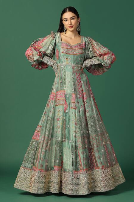 Shop_Two Sisters By Gyans_Green Chiffon Embroidery V-neck Anarkali _Online_at_Aza_Fashions