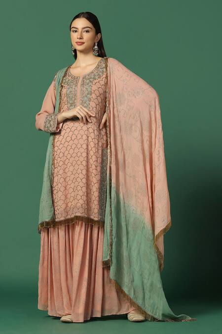 Two Sisters By Gyans Pink Georgette Sequins, Embroidery, Foil Scallop And Floral Kurta Sharara Set Online at Aza Fashions Two Sisters By Gyans_Pink Georgette Sequins, Embroidery, Foil Scallop And Floral Kurta Sharara Set _Online_at_Aza_Fashions