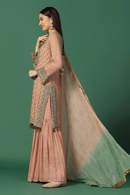 Buy Two Sisters By Gyans Pink Georgette Sequins, Embroidery, Foil Scallop And Floral Kurta Sharara Set Online at Aza Fashions Buy_Two Sisters By Gyans_Pink Georgette Sequins, Embroidery, Foil Scallop And Floral Kurta Sharara Set _Online_at_Aza_Fashions