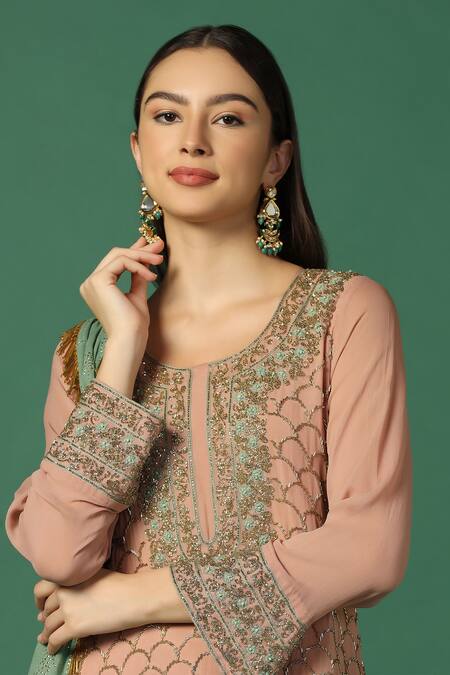 Shop Two Sisters By Gyans Pink Georgette Sequins, Embroidery, Foil Scallop And Floral Kurta Sharara Set Online at Aza Fashions Shop_Two Sisters By Gyans_Pink Georgette Sequins, Embroidery, Foil Scallop And Floral Kurta Sharara Set _Online_at_Aza_Fashions
