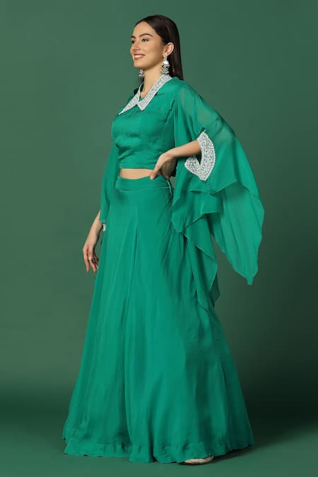 Two Sisters By Gyans Green Georgette, Organza Pearls, Embroidery Collared Sleeve Cape And Skirt Set Online at Aza Fashions Two Sisters By Gyans_Green Georgette, Organza Pearls, Embroidery Collared Sleeve Cape And Skirt Set _Online_at_Aza_Fashions