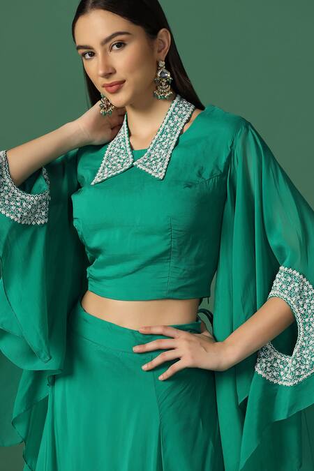 Buy Two Sisters By Gyans Green Georgette, Organza Pearls, Embroidery Collared Sleeve Cape And Skirt Set Online at Aza Fashions Buy_Two Sisters By Gyans_Green Georgette, Organza Pearls, Embroidery Collared Sleeve Cape And Skirt Set _Online_at_Aza_Fashions