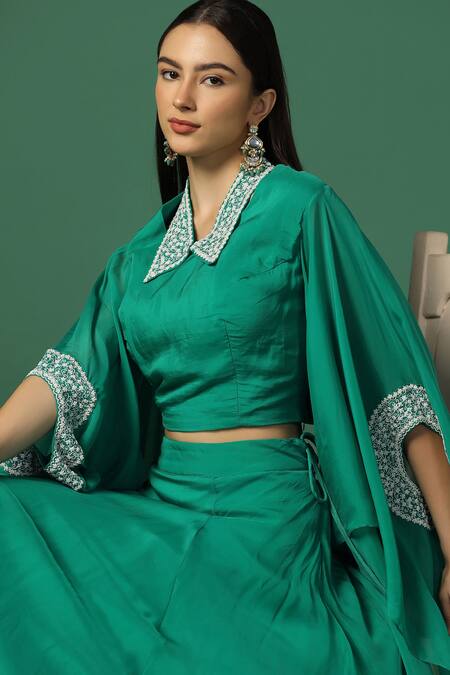 Shop Two Sisters By Gyans Green Georgette, Organza Pearls, Embroidery Collared Sleeve Cape And Skirt Set Online at Aza Fashions Shop_Two Sisters By Gyans_Green Georgette, Organza Pearls, Embroidery Collared Sleeve Cape And Skirt Set _Online_at_Aza_Fashions
