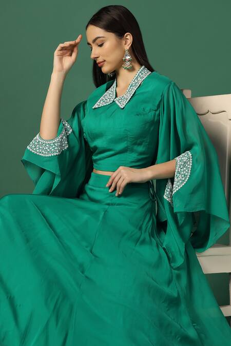 Two Sisters By Gyans Green Georgette, Organza Pearls, Embroidery Collared Sleeve Cape And Skirt Set at Aza Fashions Two Sisters By Gyans_Green Georgette, Organza Pearls, Embroidery Collared Sleeve Cape And Skirt Set _at_Aza_Fashions