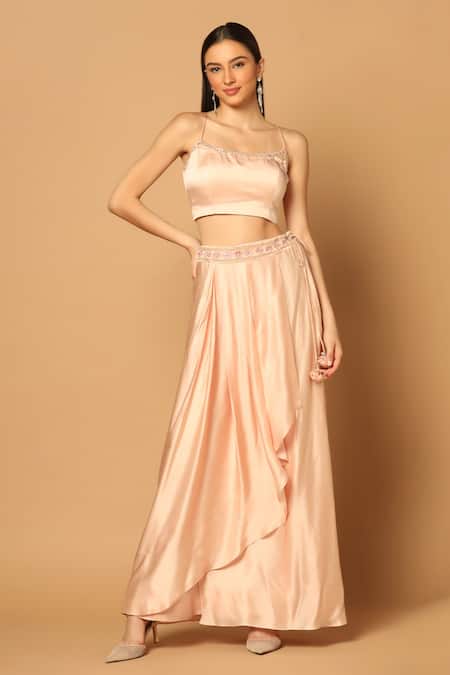 Two Sisters By Gyans_Peach Satin Embroidery Scoop Neck Floral Cape And Draped Skirt Set _Online_at_Aza_Fashions