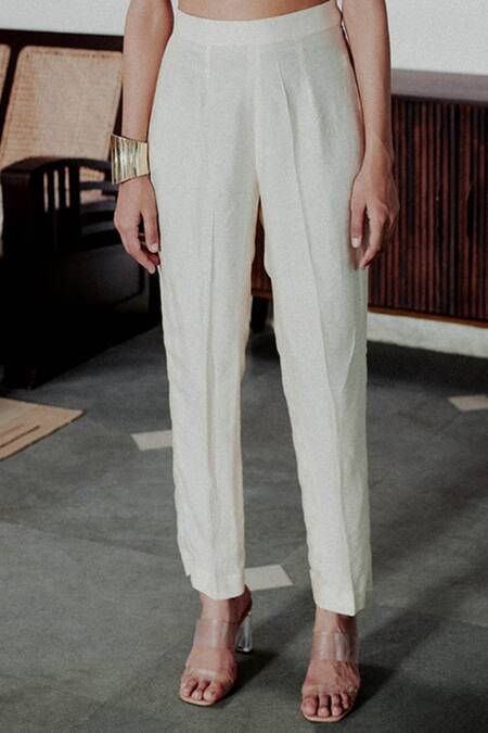 GG By Asha Gautam_White Silk, Brocade Floral Pattern Handwoven Crop Corset Jacket And Pant Set_Online_at_Aza_Fashions