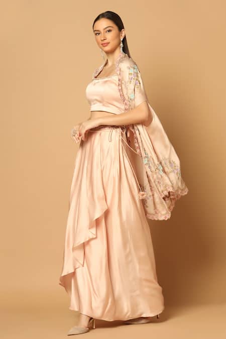 Buy_Two Sisters By Gyans_Peach Satin Embroidery Scoop Neck Floral Cape And Draped Skirt Set _Online_at_Aza_Fashions
