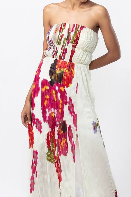 Saaksha & Kinni_Ivory Chiffon Square Neck Abstract Print Micro Pleated Gown_Online_at_Aza_Fashions