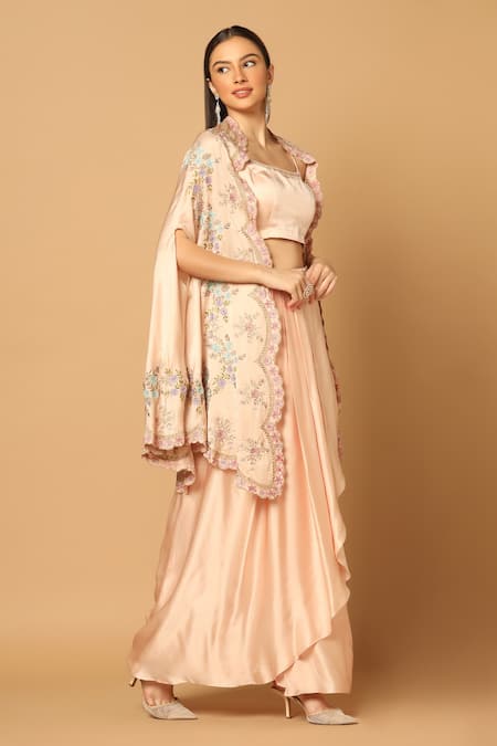 Shop_Two Sisters By Gyans_Peach Satin Embroidery Scoop Neck Floral Cape And Draped Skirt Set _Online_at_Aza_Fashions
