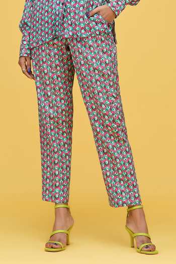 Raasa_Green Crepe Floral Ulta Tulip Print Pants _Online_at_Aza_Fashions