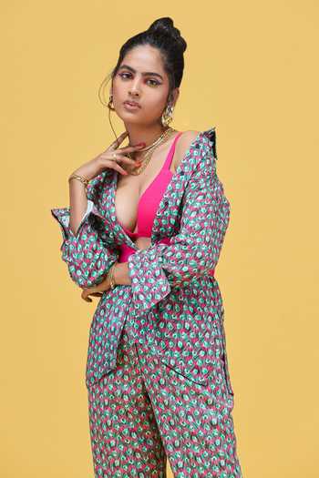 Shop_Raasa_Green Crepe Tulip Print Collared Neck Ulta Shirt And Pant Set _Online_at_Aza_Fashions
