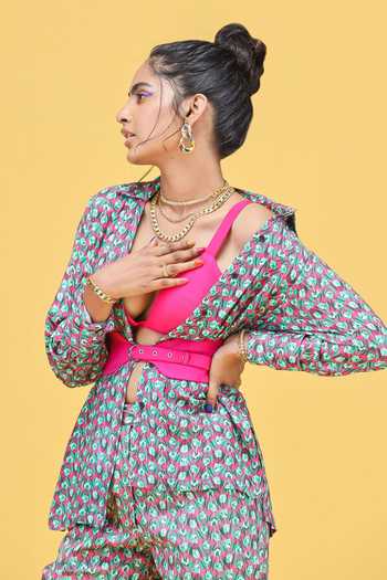 Raasa_Green Crepe Tulip Print Collared Neck Ulta Shirt And Pant Set _at_Aza_Fashions