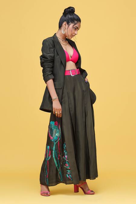 Raasa_Green Silk Sequin And Thread Work Blazer Open, Bralette Embroidered Pant Set _Online_at_Aza_Fashions