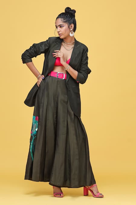 Buy_Raasa_Green Silk Sequin And Thread Work Blazer Open, Bralette Embroidered Pant Set _Online_at_Aza_Fashions